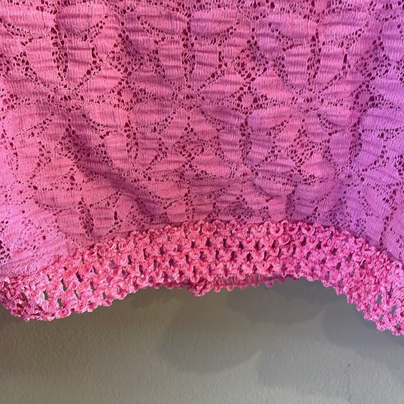 FREE PEOPLE PINK LACE bubble sleeve crop top circular open back elasticized Med - Picture 6 of 15